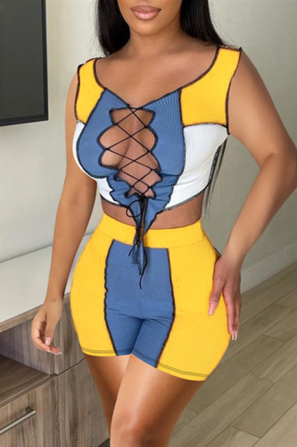 Yellow And Blue Sexy Casual Patchwork Strap Design O Neck Sleeveless Two Pieces
