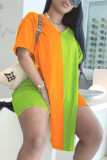 Orange Green Fashion Casual Patchwork Basic V Neck Short Sleeve Two Pieces