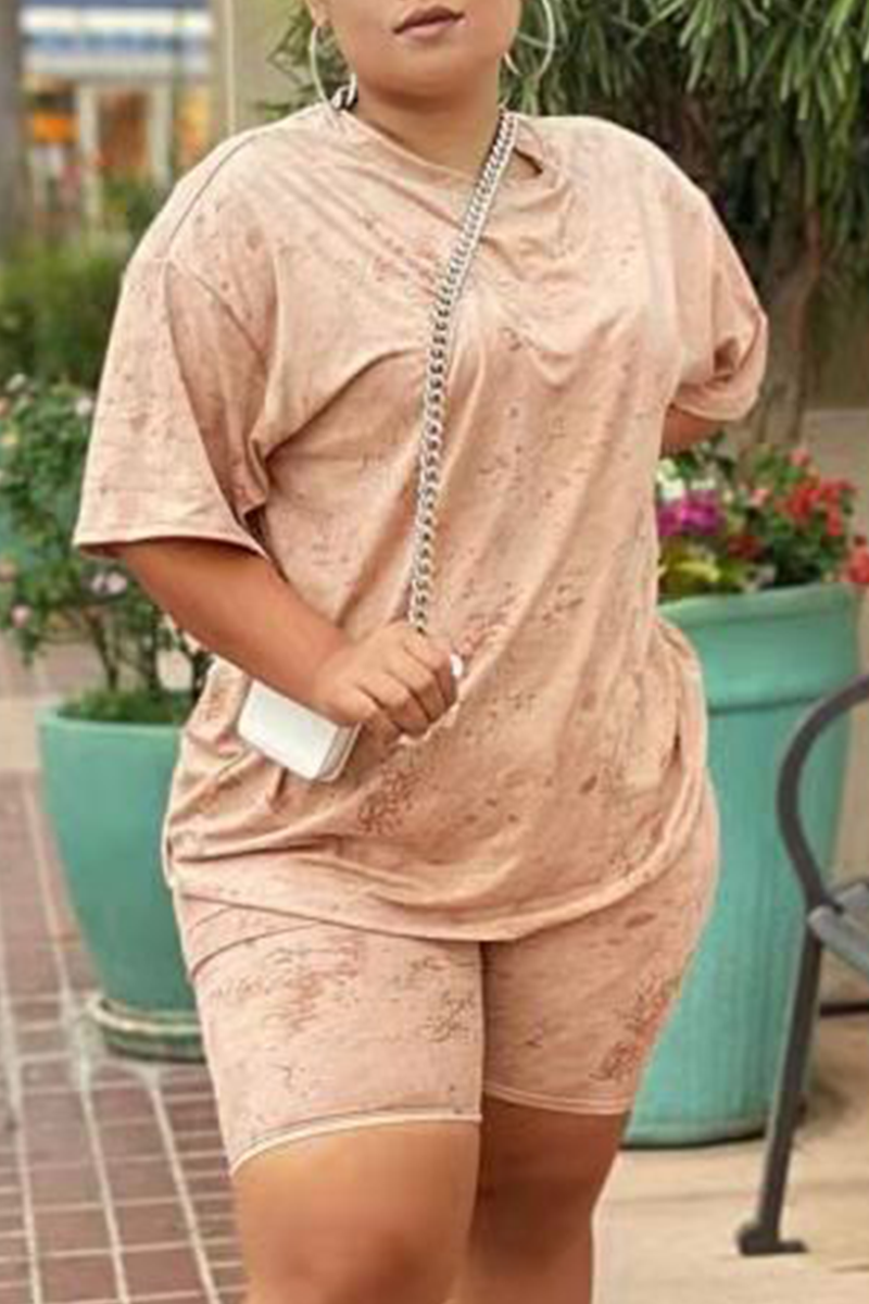 Khaki Casual Print Split Joint O Neck Plus Size Two Pieces