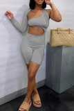 Grey Sexy Solid Hollowed Out One Shoulder Skinny Rompers