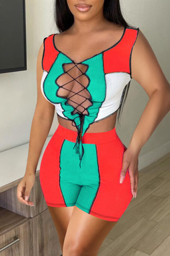 Red Green Sexy Casual Patchwork Strap Design O Neck Sleeveless Two Pieces