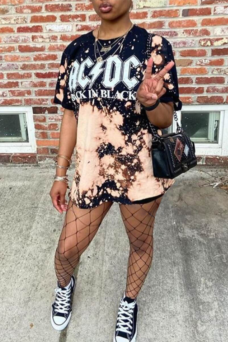 

Black Casual Patchwork Tie-dye O Neck Plus Size Tops