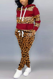 Red Casual Fashion adult Patchwork Leopard Print Two Piece Suits pencil Long Sleeve 
