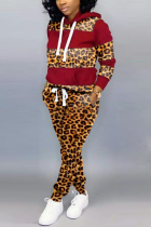 Wine Red Casual Fashion adult Patchwork Leopard Print Two Piece Suits pencil Long Sleeve 