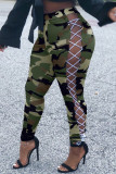 Army Green Sexy Casual Camouflage Print Hollowed Out Strap Design Regular Pencil Trousers