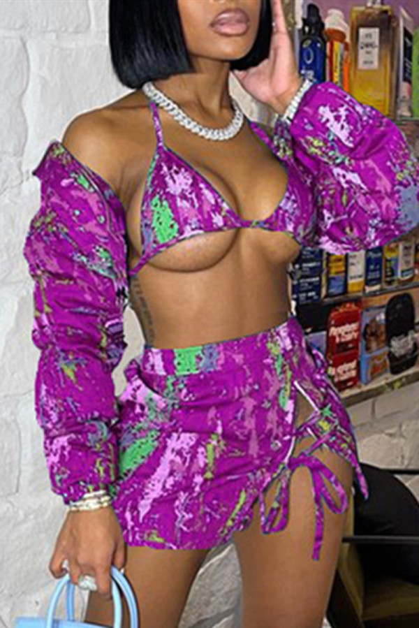 Purple Fashion Sexy Print Strap Design Long Sleeve Three-piece Set