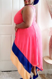 Pink Fashion Casual Plus Size Patchwork Asymmetrical O Neck Vest Dress