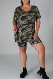 Camouflage Fashion Casual Camouflage Print Slit V Neck Plus Size Two Pieces