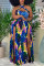 Blue Fashion Sexy Plus Size Print Backless Slit Halter Sleeveless Dress