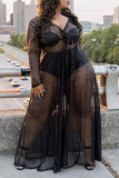 Black Sexy Patchwork See-through Sequins V Neck A Line Plus Size Dresses