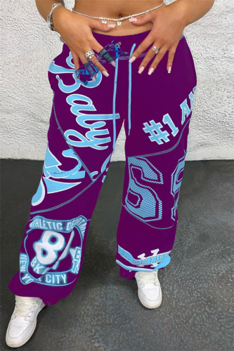 Purple Fashion Casual Print Basic Regular Mid Waist Trousers