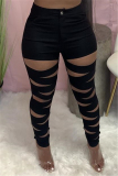 Navy Blue Fashion Sexy Solid Ripped Skinny High Waist Pencil Trousers