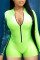 Fluorescent Green Casual Sportswear Print Patchwork Zipper Collar Skinny Romper