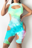 Green Fashion Sexy Print Tie Dye Hollowed Out O Neck Skinny Romper