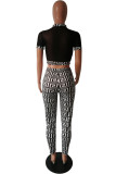 Black Sexy Mesh See-through Patchwork Two Pieces Long Pants Set