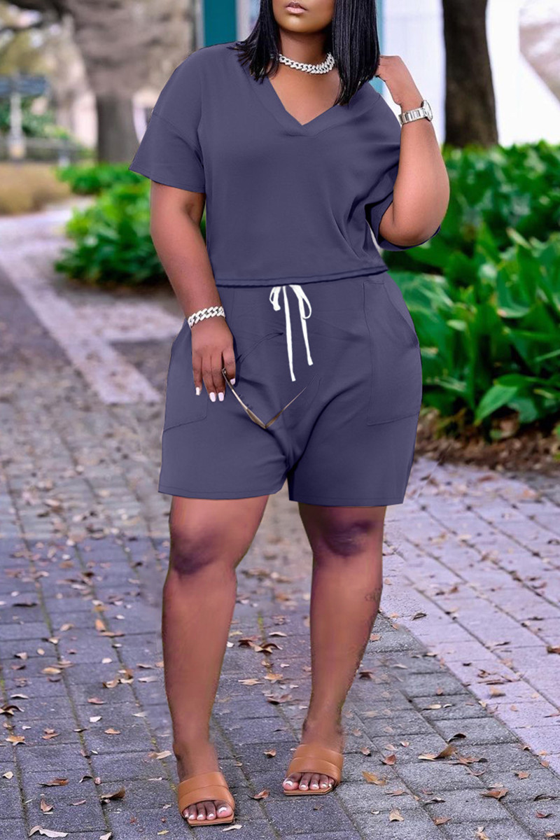Fashion V-neck Short Two-piece Casual Solid Color Suit main image 1