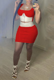 Red Sexy Casual Patchwork Basic Square Collar Sleeveless Two Pieces