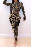 Black Fashion Casual Leopard Printing Half A Turtleneck Long Sleeve Two Pieces