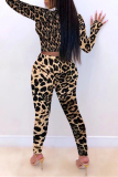 Black Fashion Casual Leopard Printing Half A Turtleneck Long Sleeve Two Pieces