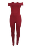 Wine Red Euramerican Dew Shoulder Skinny One-piece Jumpsuit