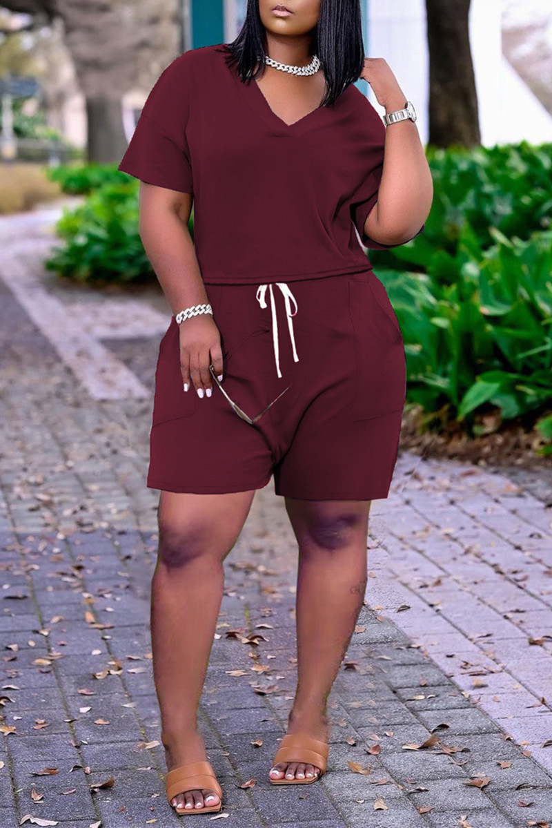 Casual Floral Print Basic V Neck Short Sleeve Two Pieces