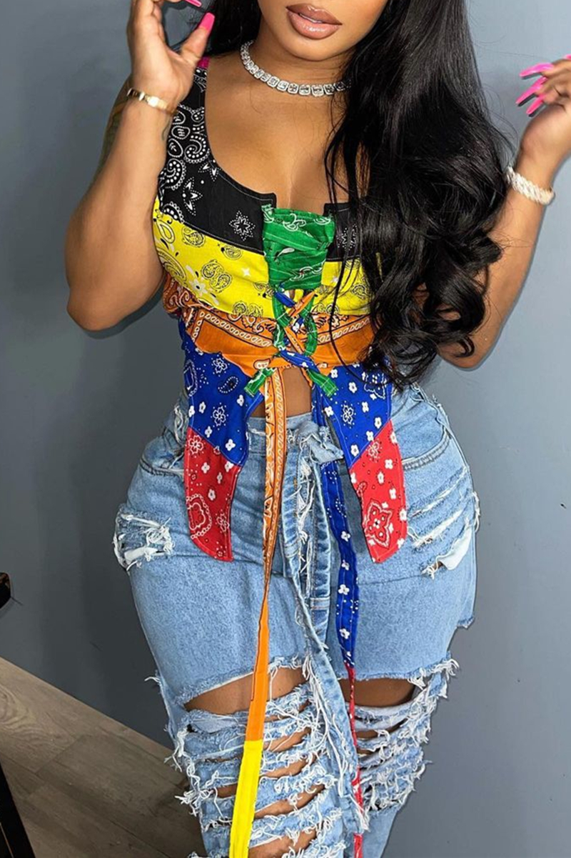 

Black Sexy Casual Print Split Joint Asymmetrical U Neck Tops
