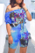 Light Blue Fashion Casual Letter Print Tie-dye Off the Shoulder Short Sleeve Two Pieces