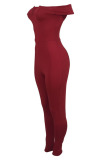 Wine Red Euramerican Dew Shoulder Skinny One-piece Jumpsuit