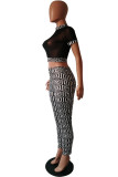 White Sexy Mesh See-through Patchwork Two Pieces Long Pants Set