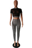 Black Sexy Mesh See-through Patchwork Two Pieces Long Pants Set