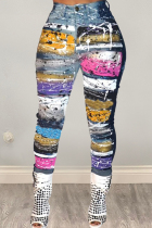 Multicolor Fashion Casual Digital Print Denim Trousers