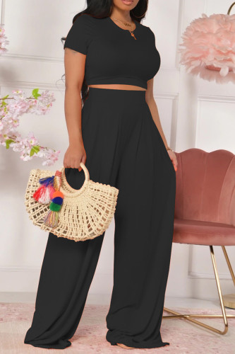 Black Fashion Casual Solid Basic O Neck Short Sleeve Two Pieces