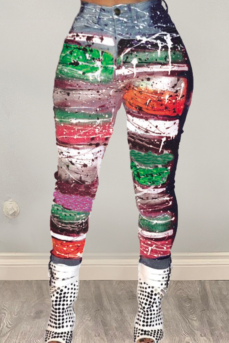 

Green Fashion Casual Digital Print Denim Trousers