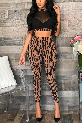 Black Sexy Mesh See-through Patchwork Two Pieces Long Pants Set