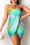 Cyan Sexy Print Tie Dye Backless Asymmetrical Strapless Sleeveless Dress