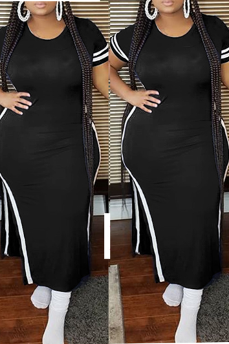 Black Fashion Casual O Neck Patchwork Plus Size