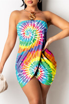 Rainbow Color Fashion Sexy Print Tie Dye Backless Strapless Irregular Dress Dresses