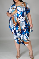 Blue Fashion Casual Print Backless V Neck Plus Size Jumpsuits