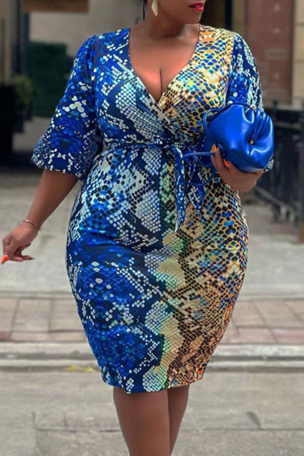 Blue Sexy Print With Belt V Neck Straight Plus Size Dresses