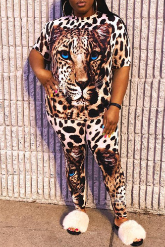 Leopard Print Fashion Casual Leopard Printing O Neck Plus Size Two Pieces