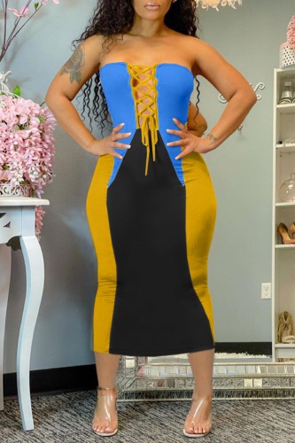 Blue Sexy Casual Patchwork Backless Strap Design Strapless Sleeveless Dress