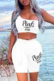 Pink Sexy Casual Letter Print Backless One Shoulder Sleeveless Two Pieces