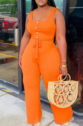Orange Fashion Casual Solid Basic U Neck Plus Size Sleeveless Jumpsuits