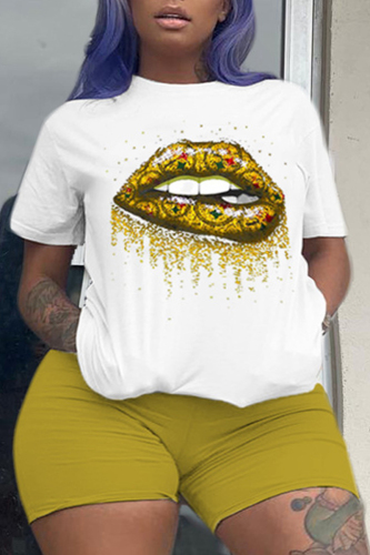 Yellow Fashion Casual Sportswear Print O Neck Plus Size Two Pieces