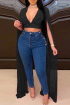 Black Fashion Casual Solid Basic V Neck Plus Size Tops