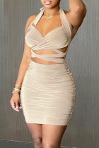 Apricot Fashion Sexy Solid Hollowed Out Backless Halter Sleeveless Dress