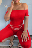 Red Sexy Casual Solid Backless Off the Shoulder Skinny Romper (Without Waist Chain)
