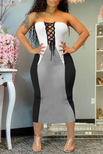 White Sexy Casual Patchwork Backless Strap Design Strapless Sleeveless Dress