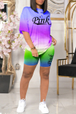 Purple Fashion Casual Gradual Change Letter Print Basic O Neck Short Sleeve Two Pieces