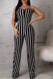Black Sexy Casual Striped Print Backless Strap Design Plus Size Jumpsuits